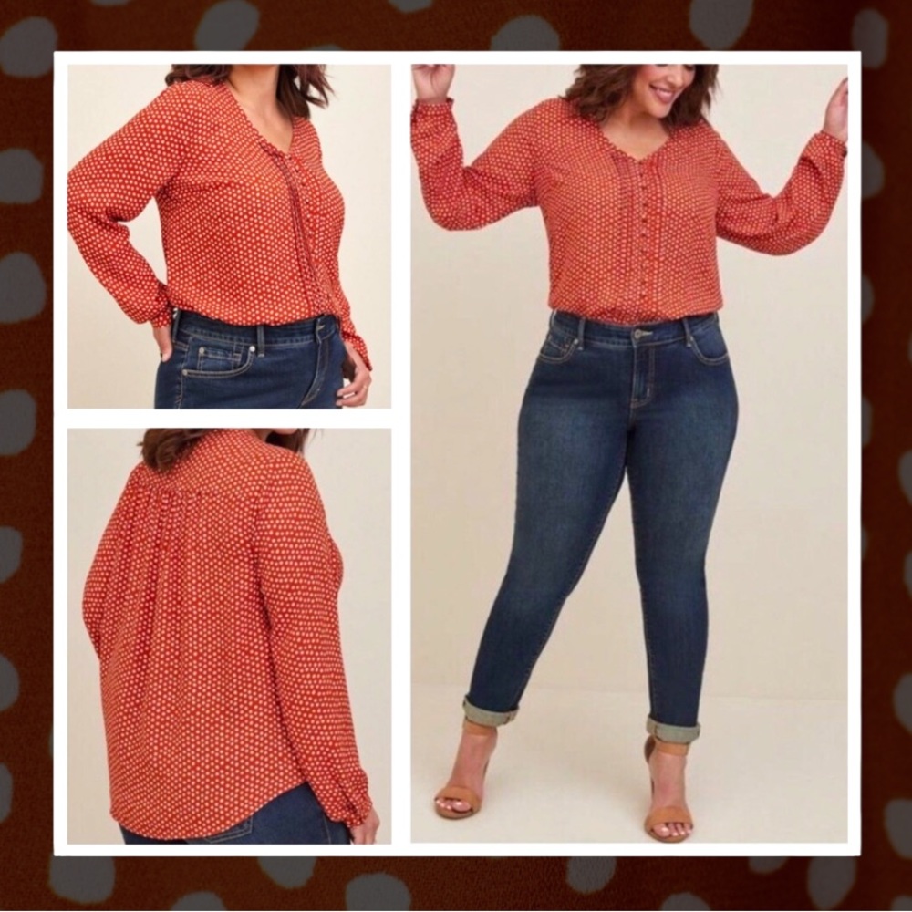 Torrid Polka-Dot Georgette Pintuck Button Front Sheer Blouse
